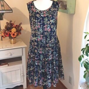 Connected Apparel Dark Floral Dropped Waist Tiered Dress